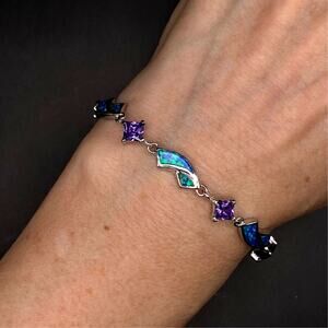 Fire Opal Amethyst 925 Sterling Silver Chain Link Bracelet - 7"